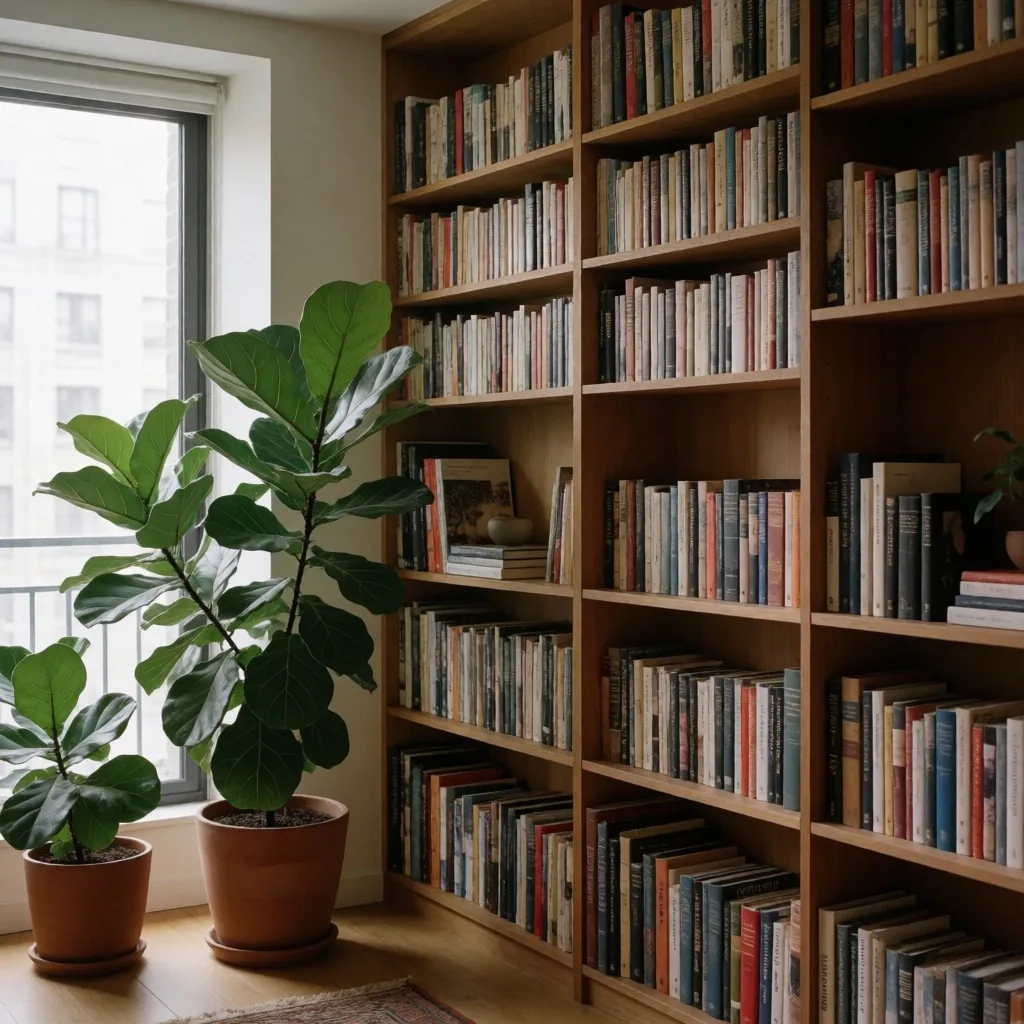 Sala de estar con estanterías de libros y plantas que mejoran la acústica