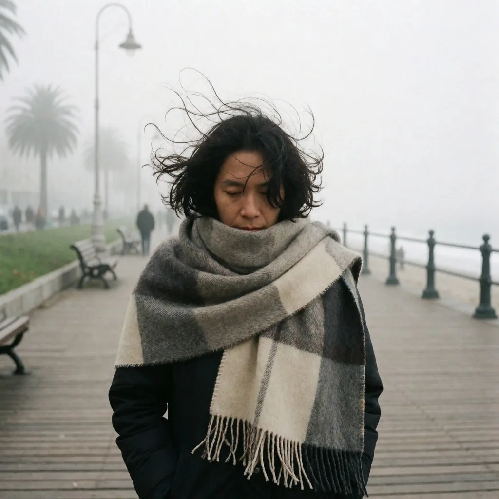 Persona con bufanda caminando por el malecón de Lima en una mañana de niebla