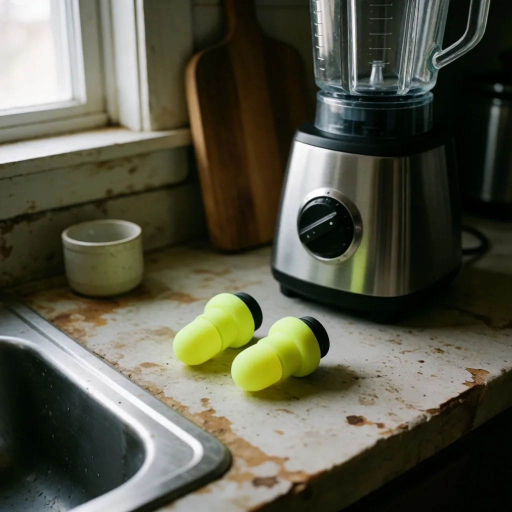 Tapones de espuma junto a electrodomésticos de cocina
