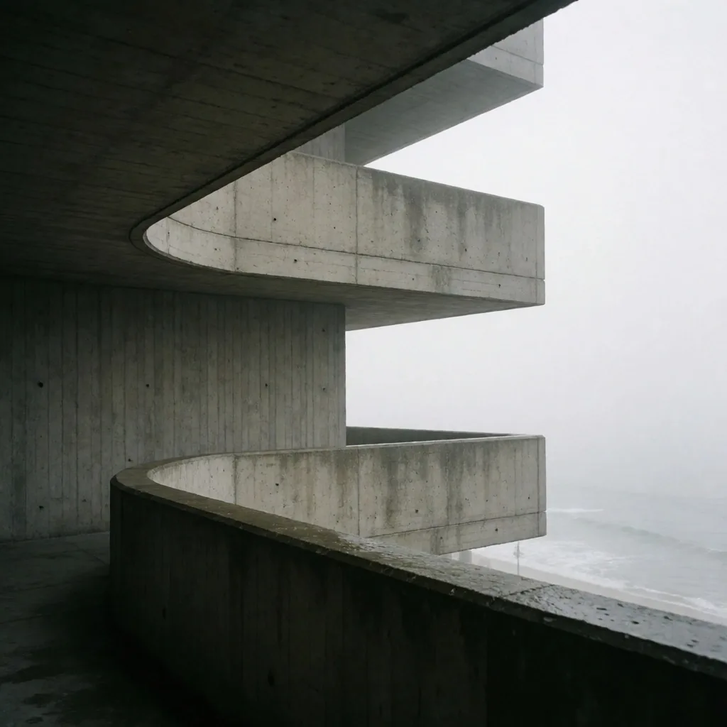 Arquitectura de concreto en Miraflores bajo niebla costera