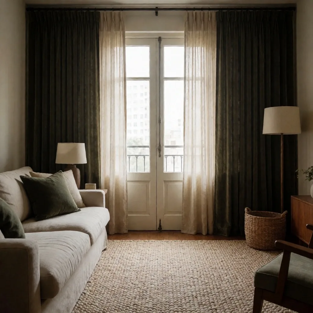 Sala de estar silenciosa con cortinas gruesas y alfombra tejida