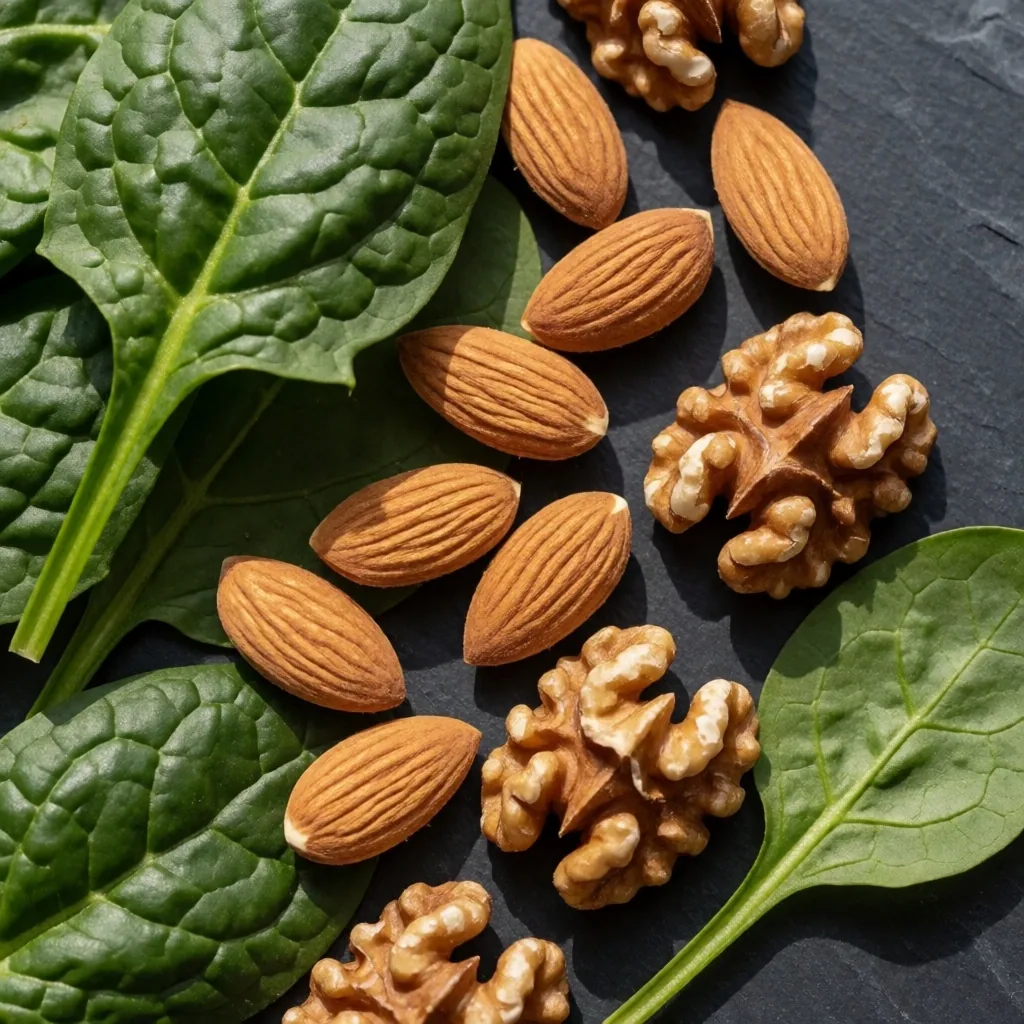 Vegetales verdes y frutos secos sobre superficie de pizarra