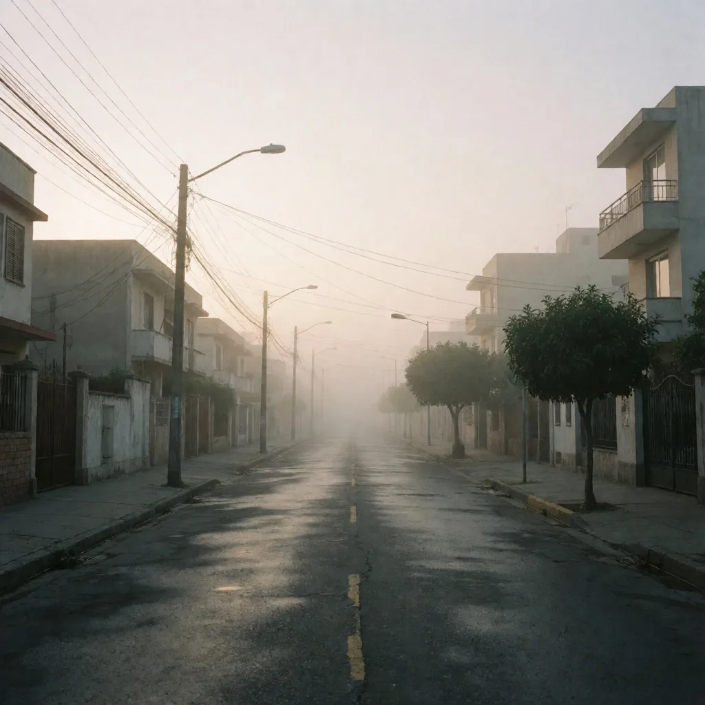 Calle tranquila de Miraflores al amanecer con niebla costera