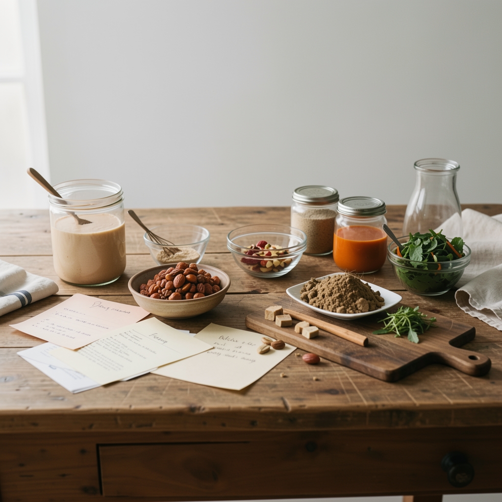 Editorial workspace with open notebook whole foods and neatly arranged supplement containers