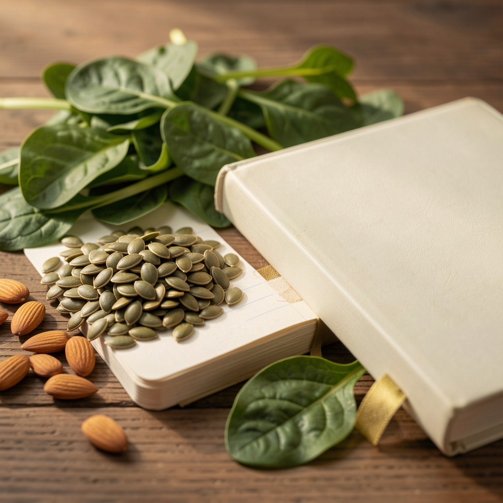 Magnesium-rich pumpkin seeds almonds and leafy greens beside an evening journal